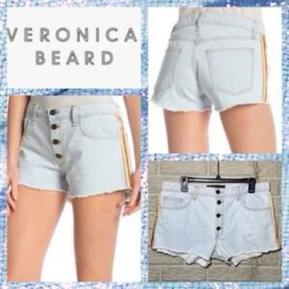 Veronica Beard front button denim shorts w/ stripes on sides and frayed hem 27